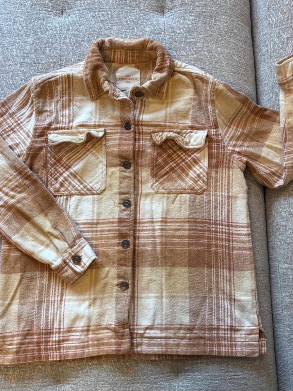 Women’s Plaid Button-Down Shirt Jacket - Cream & Brown